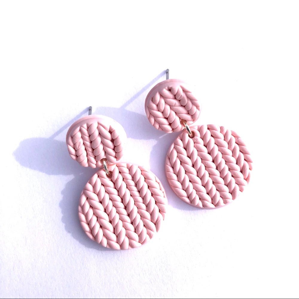 Handmade Polymer Clay Earrings Knit Baby Pink